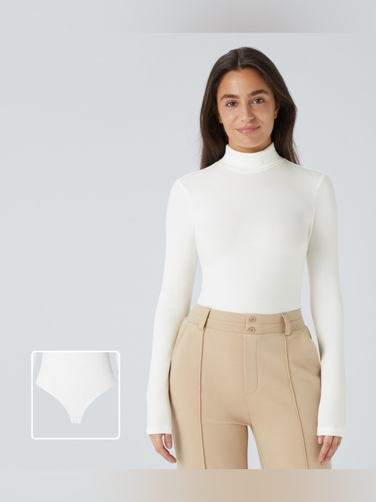 Halara Ribbed Knit High Neck Bodysuit XS White Long Sleeve Stretch Workwear - Picture 2 of 7